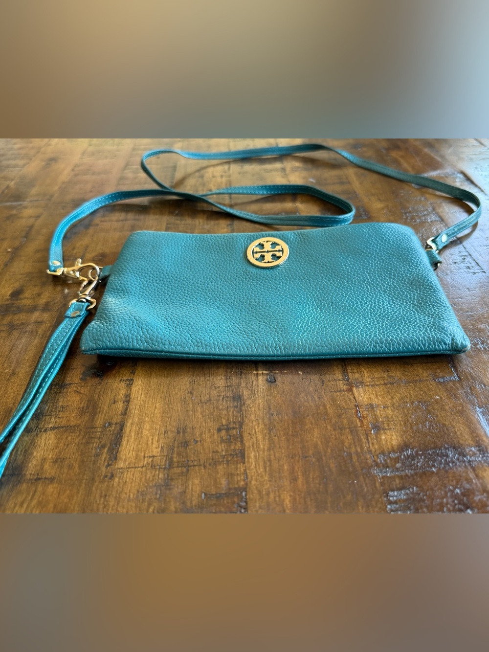 Tory Burch Teal Crossbody Phone Bag Gold Logo Travel School Brunch Weddings - Picture 2 of 10